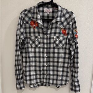Panhandle Slim Black and White Plaid Shirt with Floral Embroidery